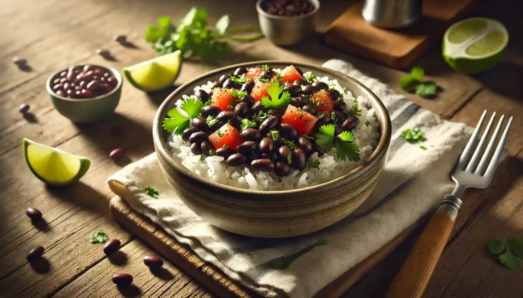 Well-cooked, mushy rice mixed with mashed black beans and small avocado chunks, forming a balanced and filling meal for a 10-month-old baby.