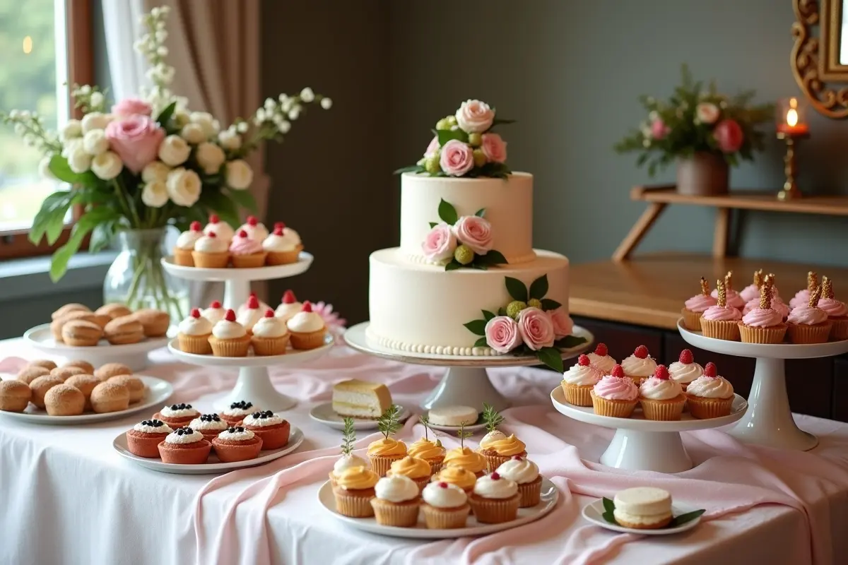 dessert bar display replacing traditional wedding cake centerpiece